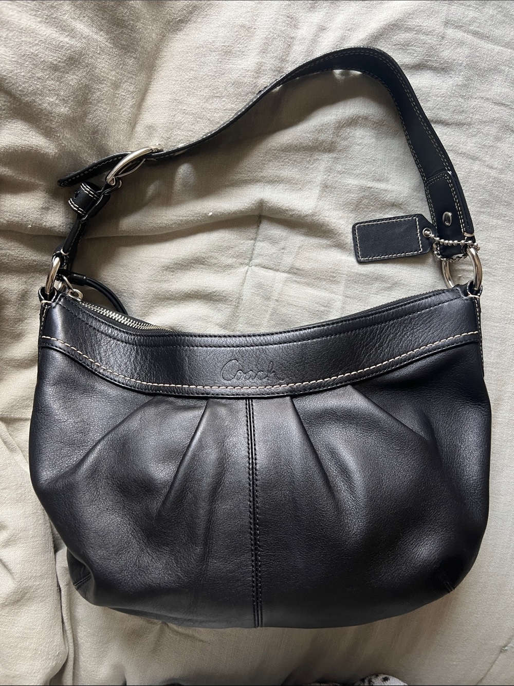 Coach Black Leather Pleated Shoulder Bag with Silver Hardware